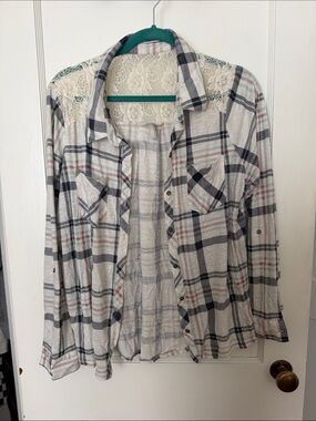Vanity Cream Plaid Lace Yoke Top with Navy and Pink Stripes